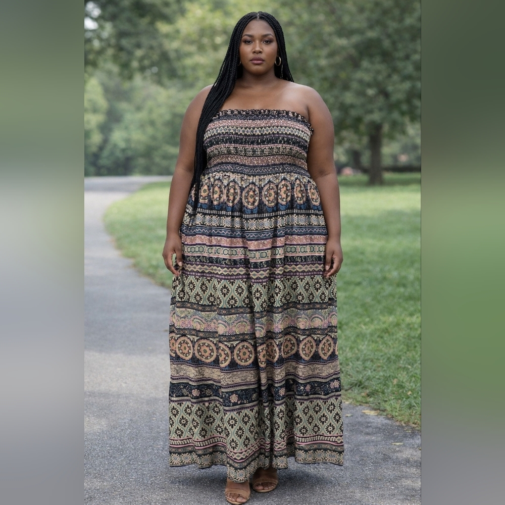 Bohemian Patterned Wide Leg Strapless Jumpsuit